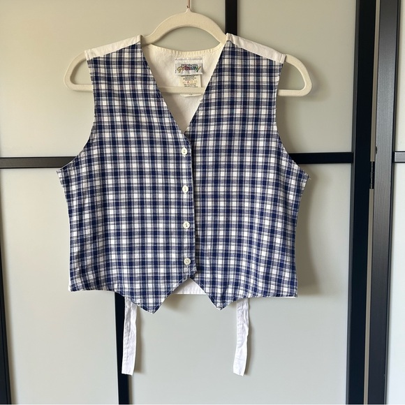 Vintage Jackets & Blazers - [L] Vintage Spring Blue & White Checker Tie Back Bow Button Down Cotton Vest